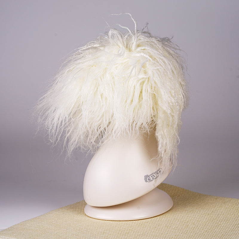 A white synthetic fiber dog wig displayed on a mannequin head, resembling a fluffy dog with black eyes and a pink collar.