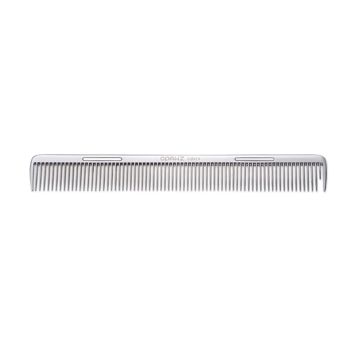 A metal pet comb with 74 teeth, designed for detangling and grooming, with a comb shape and fine detailing on the teeth.