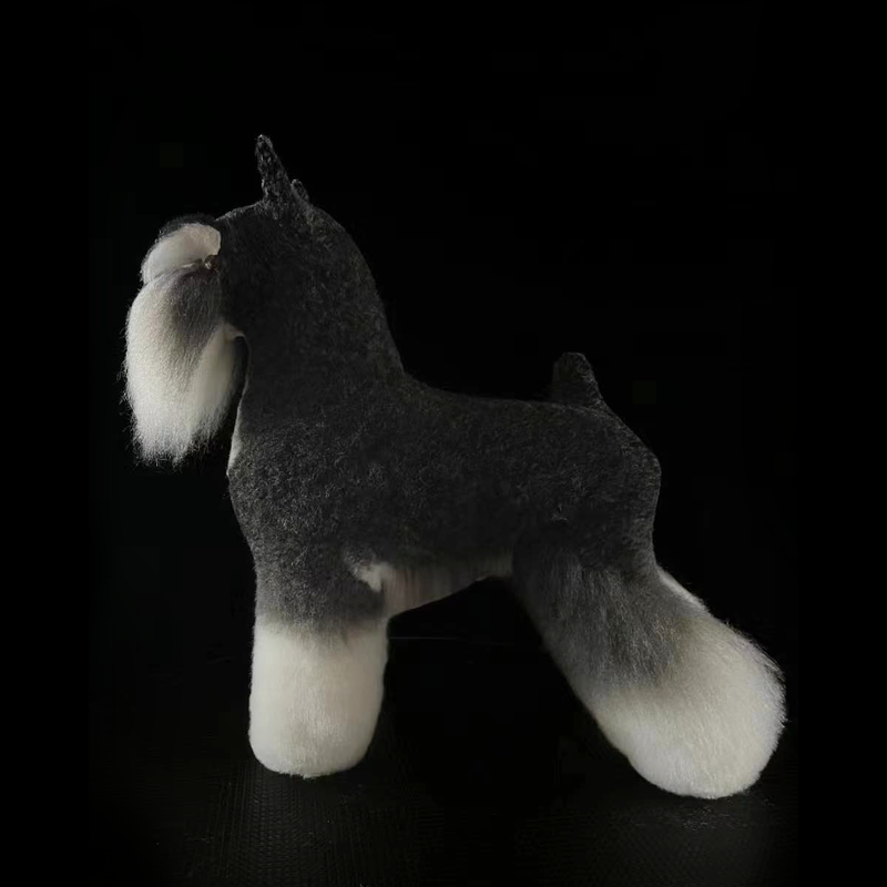 A synthetic fiber dog wig designed to resemble a Schnauzer, in white, black, and grey colors, displayed on a mannequin dog stand.